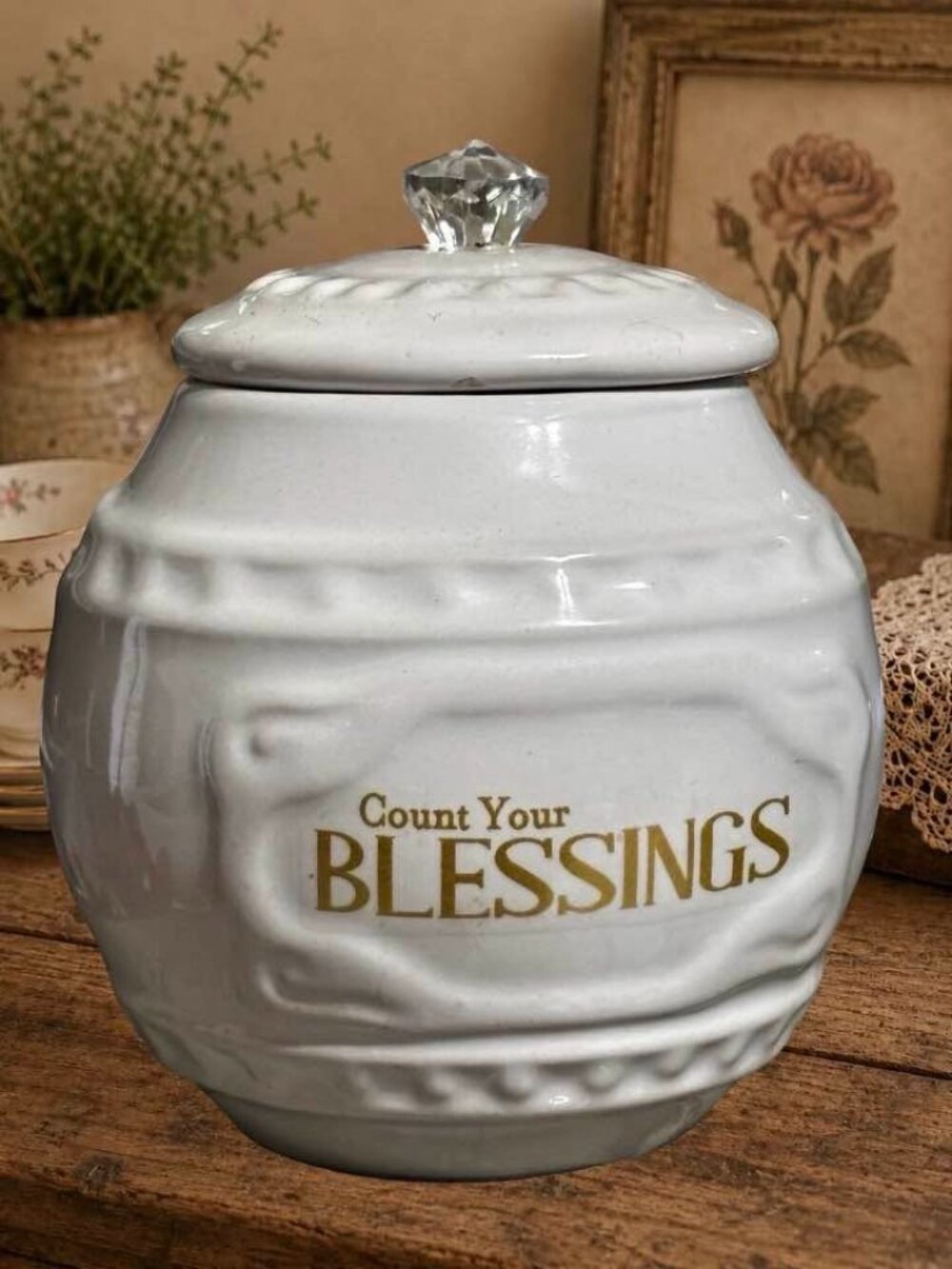 Count Your Blessings Jar Prayer Gratitude White Gold with Lid and Knob Young's I - Picture 3 of 6